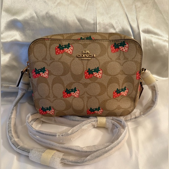 🍓Coach NWT Beige Mini Camera Bag with Strawberry Print Design and gold hardware - Picture 1 of 5